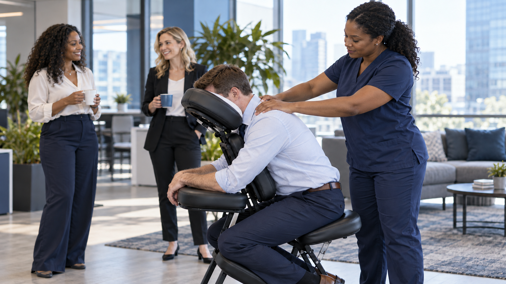 Close-up of chair massage for a white employee, showing the client and therapist’s hands