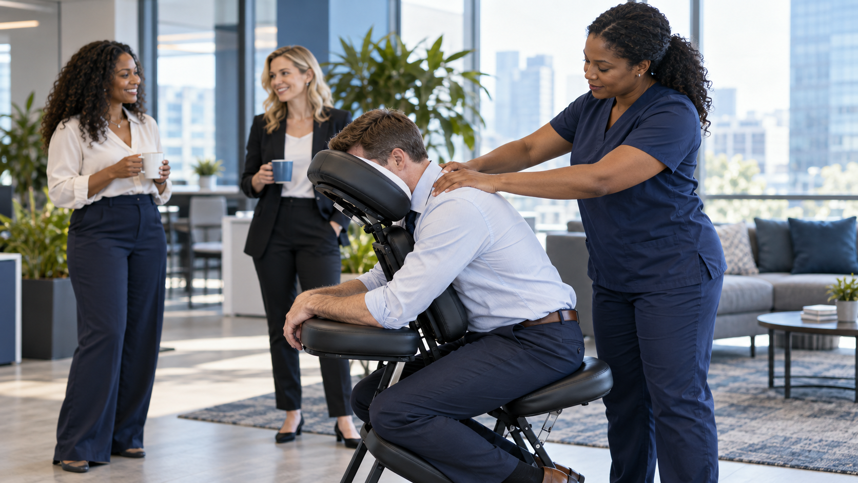 Close-up of chair massage for a white employee, showing the client and therapist’s hands