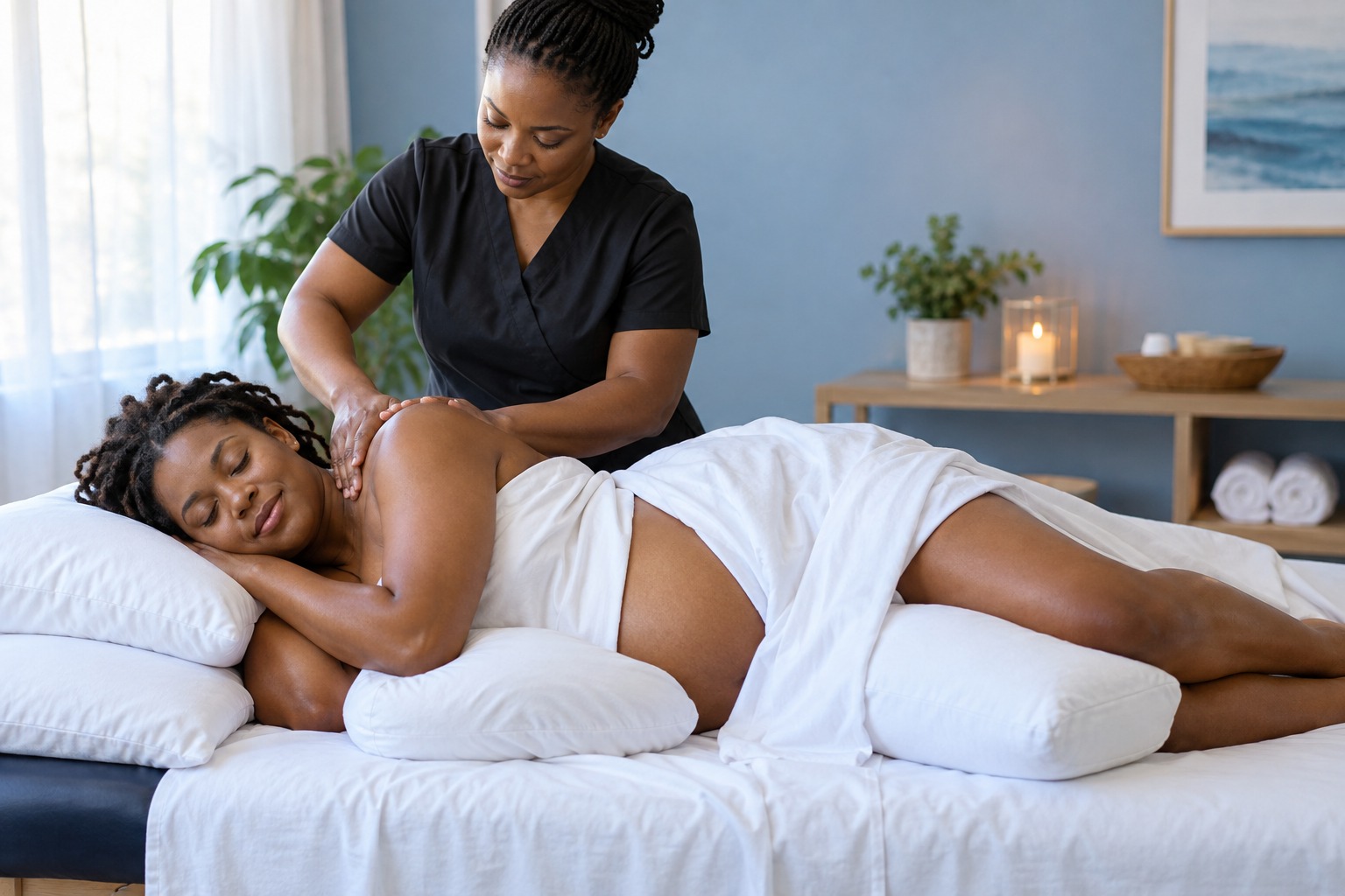 Close-up of a supported prenatal massage session