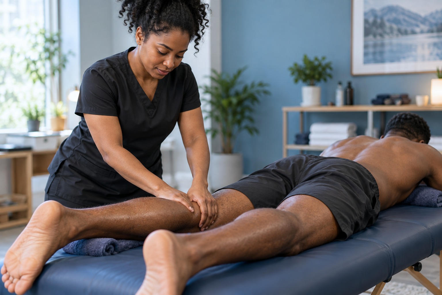 Close-up of hands working on an athlete’s calf